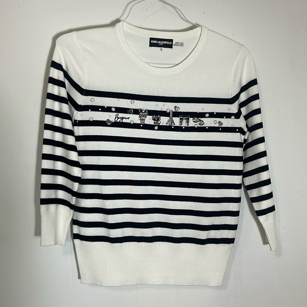 KARL LAGERFELD PARIS
Women's Embellished Striped 3/4-Sleeve Sweater Small